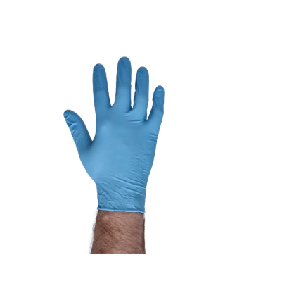 Blue 7g disposable nitrile glove worn on a hand, with fingers and cuff visible